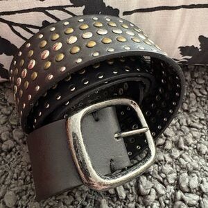 Danier Black Leather Studded Belt with Distressed Silver Buckle